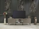 FurnisHome Store Denver Mid Century Modern Tv Stand 2 Door Cabinets 1 Glass Shelf 66 inch Tv Unit, Brown