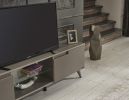 FurnisHome Store Denver Mid Century Modern Tv Stand 2 Door Cabinets 1 Glass Shelf 66 inch Tv Unit, Brown