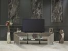 FurnisHome Store Denver Mid Century Modern Tv Stand 2 Door Cabinets 1 Glass Shelf 66 inch Tv Unit, Brown